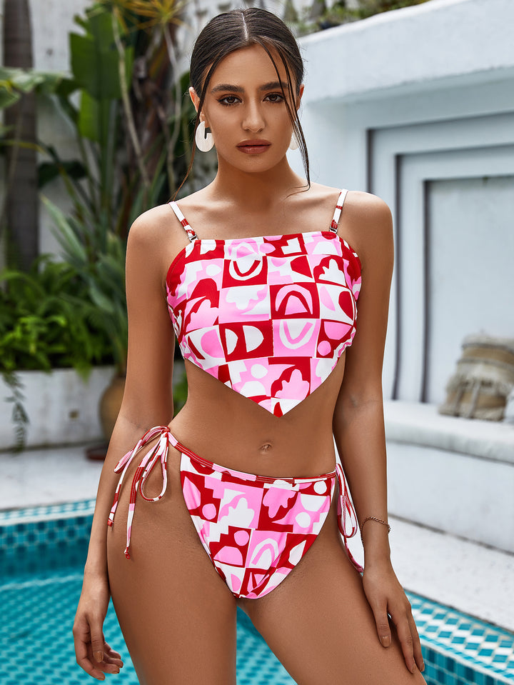 Geo Print Hanky Hem Tie Side Bikini Swimsuit