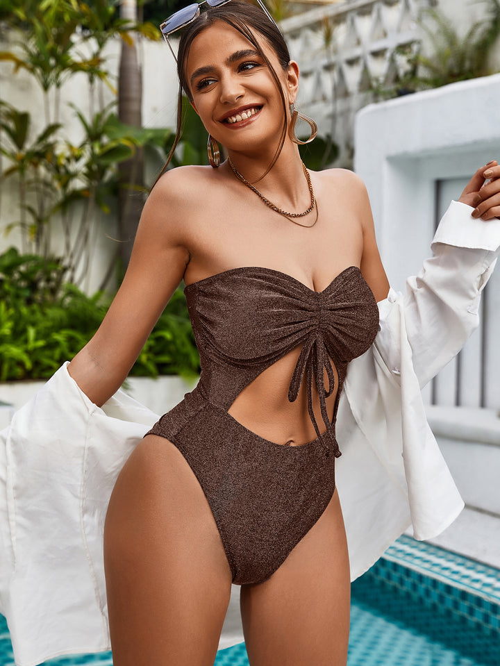 Glitter Cut Out Drawstring Front Bandeau One Piece Swimsuit