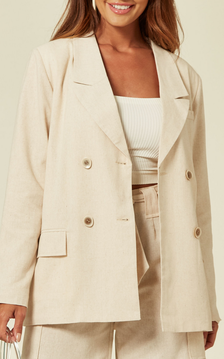 Tailored Double Breasted Blazer Jacket In Linen Beige