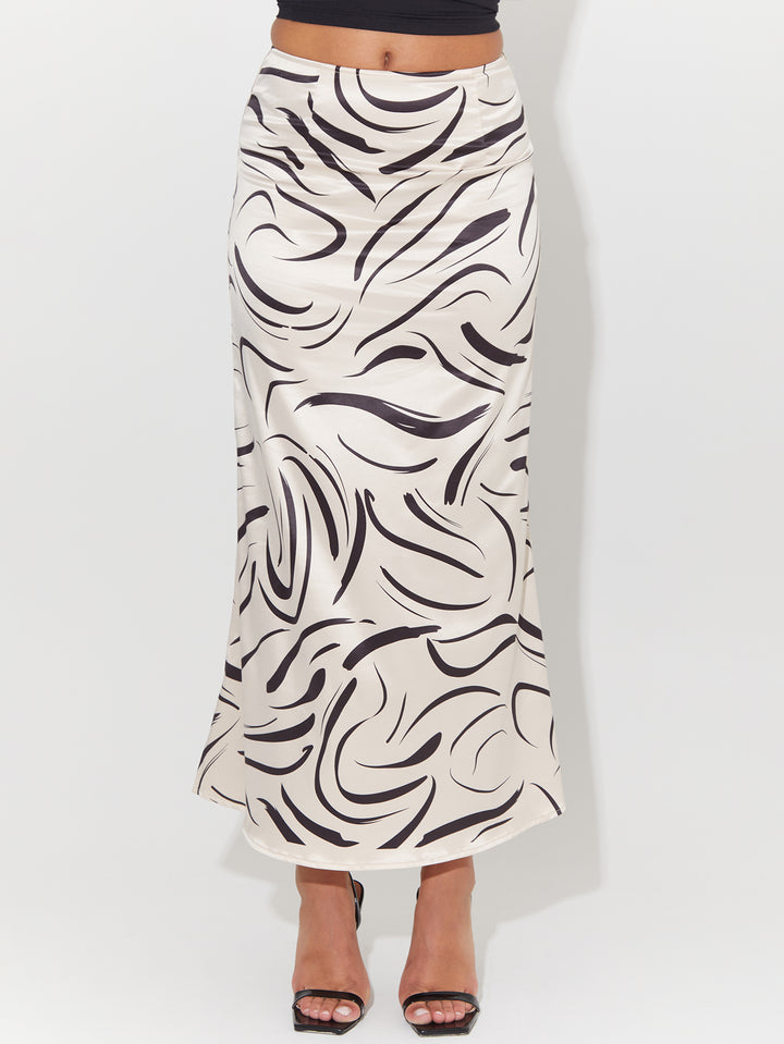 Abstract Print Satin Midi Skirt