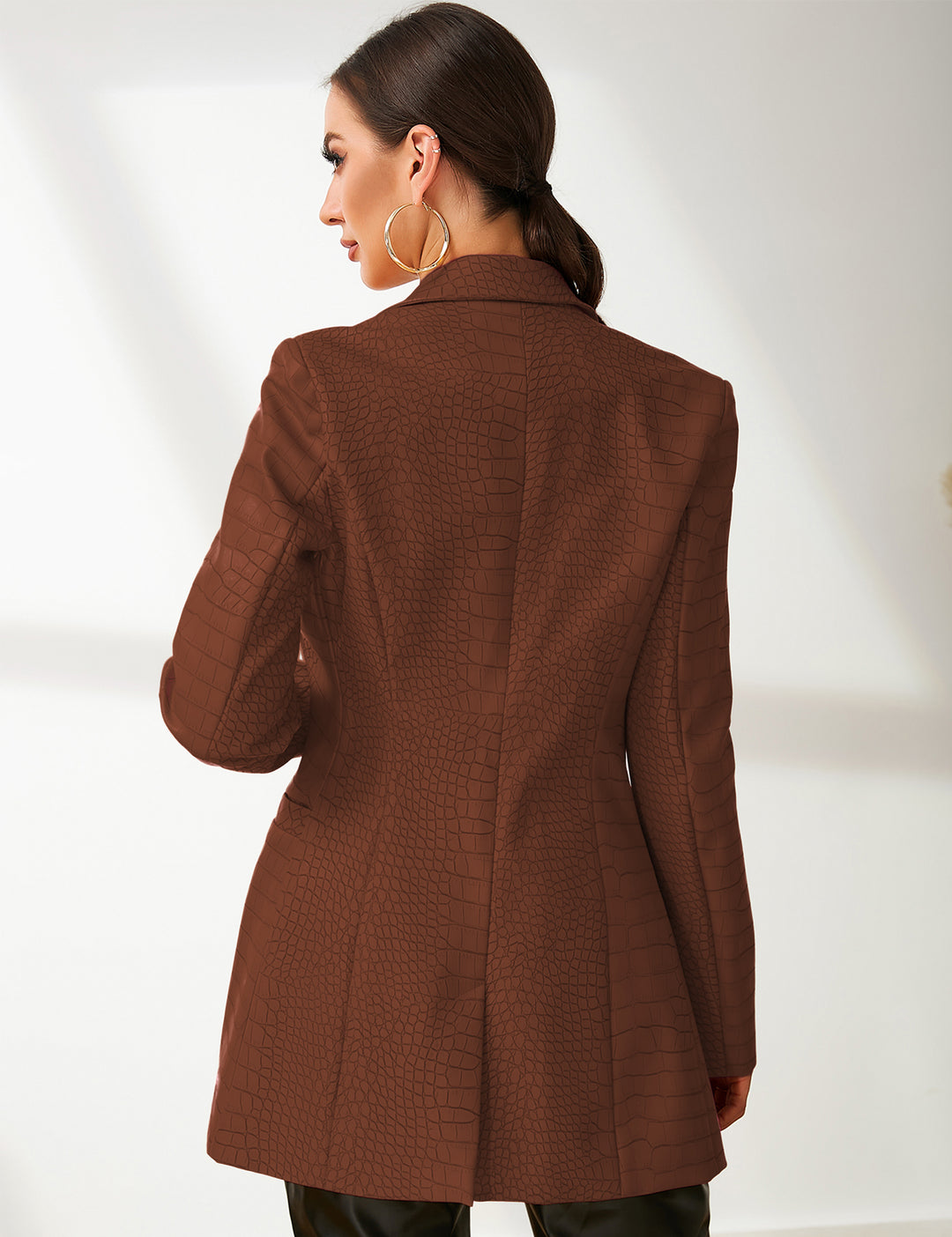 Faux Leather Crocodile Pattern Blazer Jacket In Brown