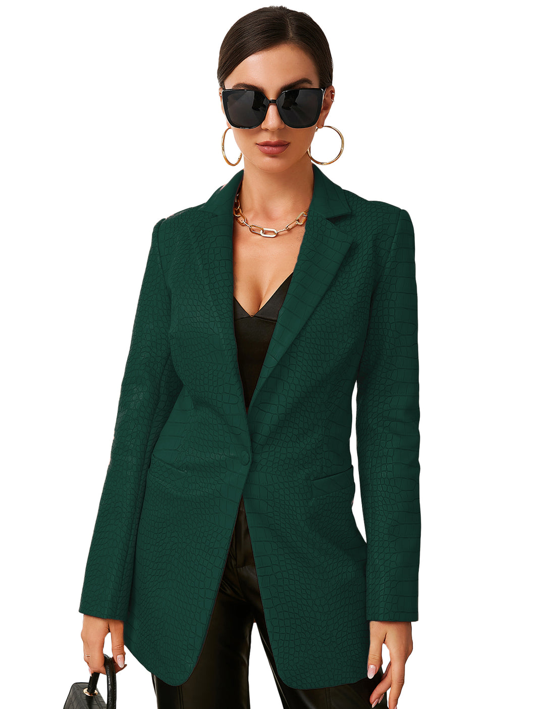 Faux Leather Crocodile Pattern Blazer Jacket In Green