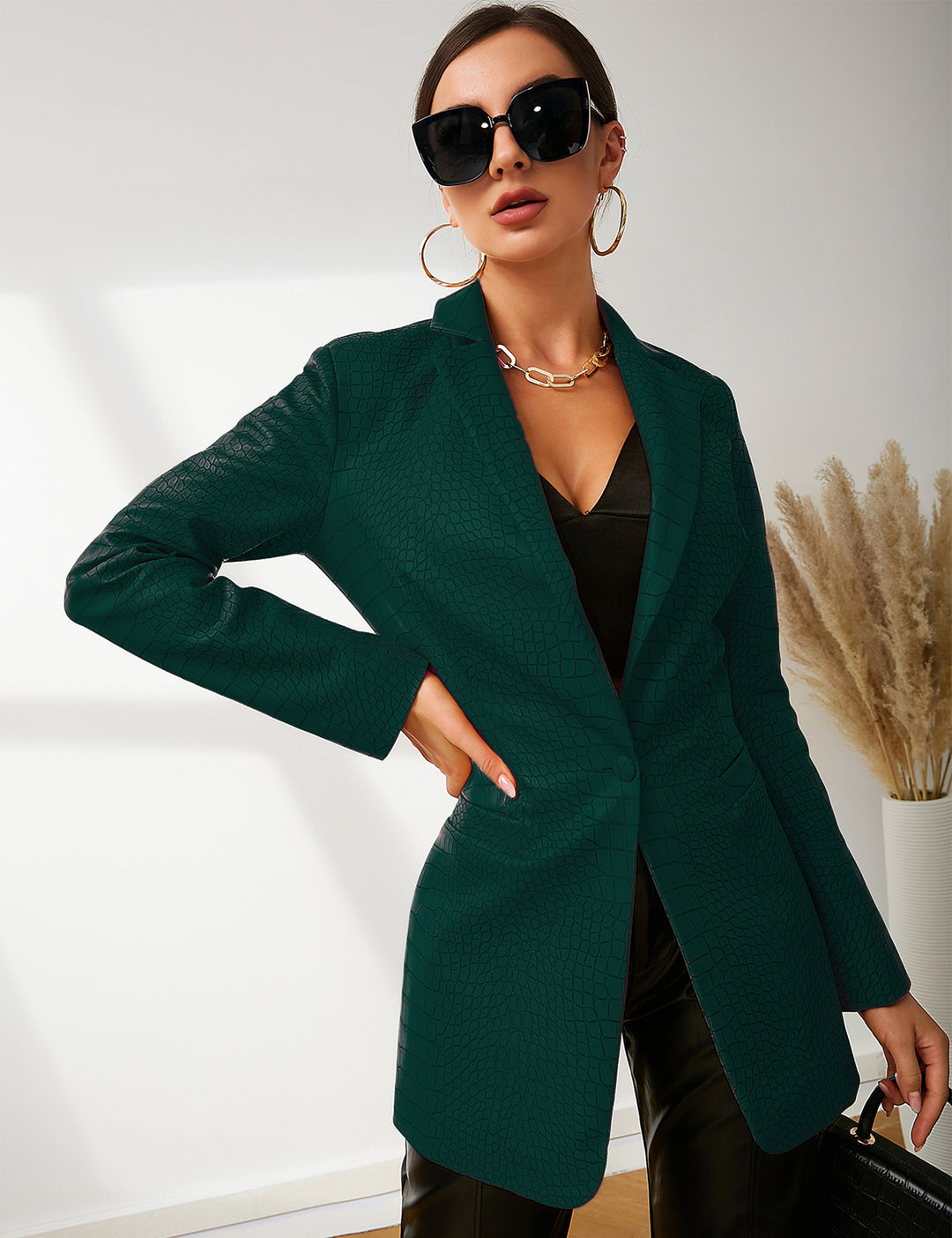 Faux Leather Crocodile Pattern Blazer Jacket In Green