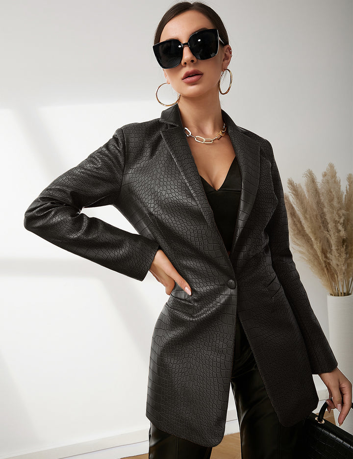 Faux Leather Crocodile Pattern Blazer Jacket In Black