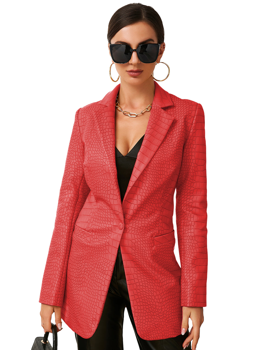 Faux Leather Crocodile Pattern Blazer Jacket In Red