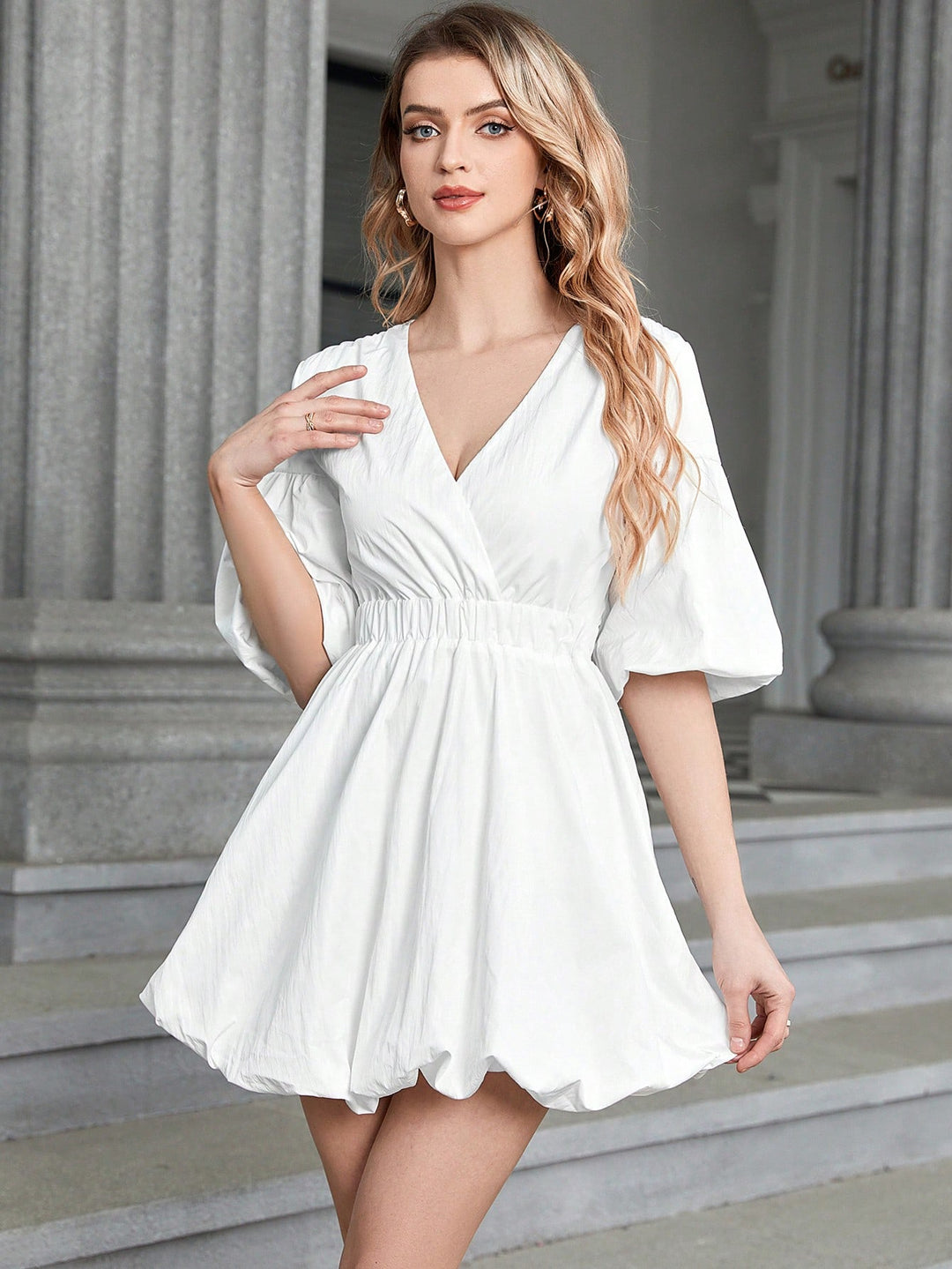 Surplice Neck Lantern Sleeve Balloon Dress