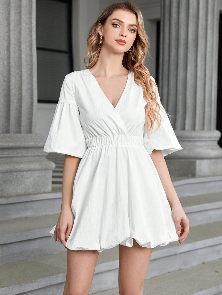 Surplice Neck Lantern Sleeve Balloon Dress