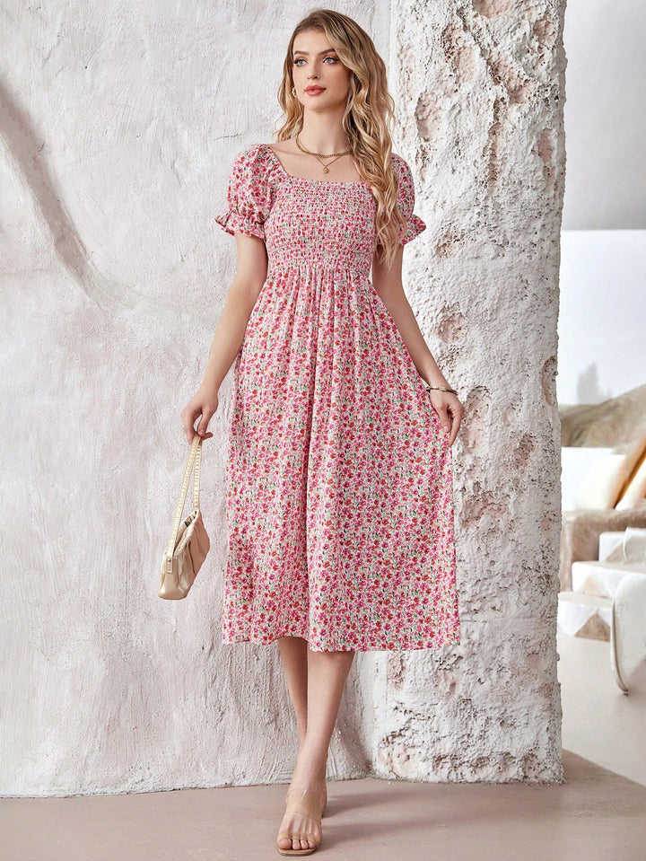 Ditsy Floral Print Puff Sleeve Dress