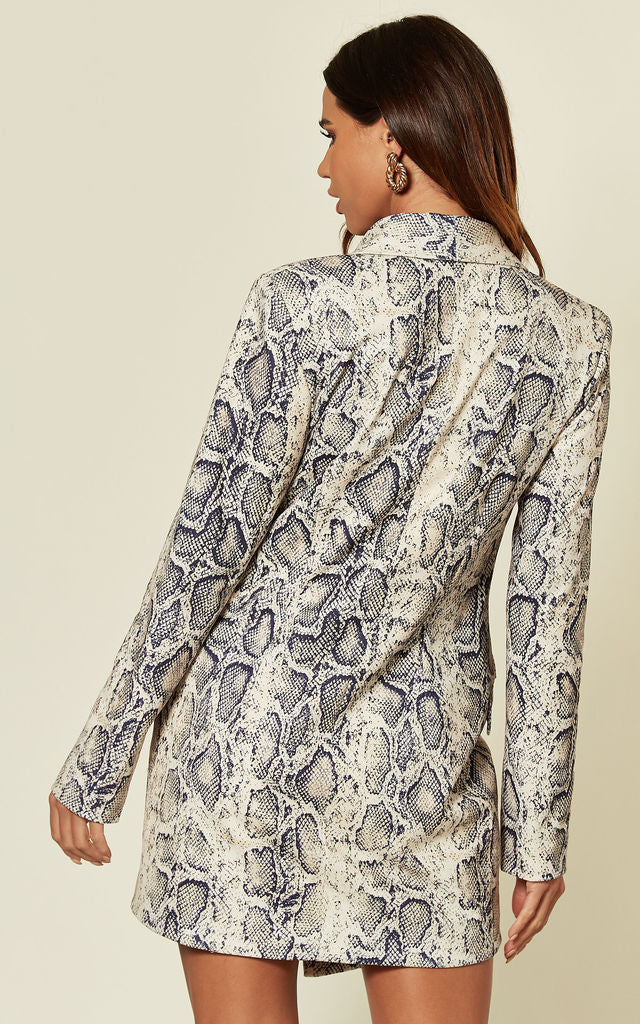 Navy Snake Print Asymmetric Blazer Dress