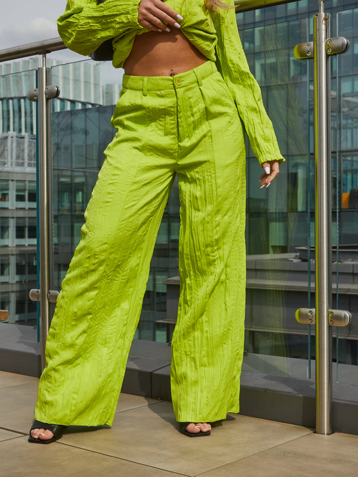 Plisse Wide Leg Trousers With Elastic Trim in Lime