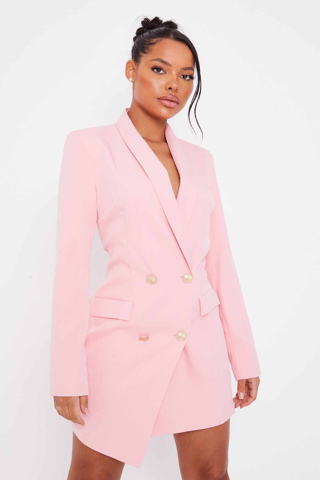 Pink Double Breasted Gold Button Blazer Dress