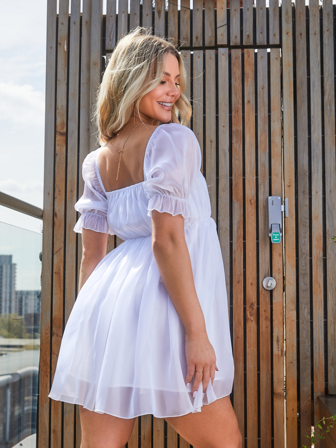 Organza Puff Sleeve Babydoll Dress in White