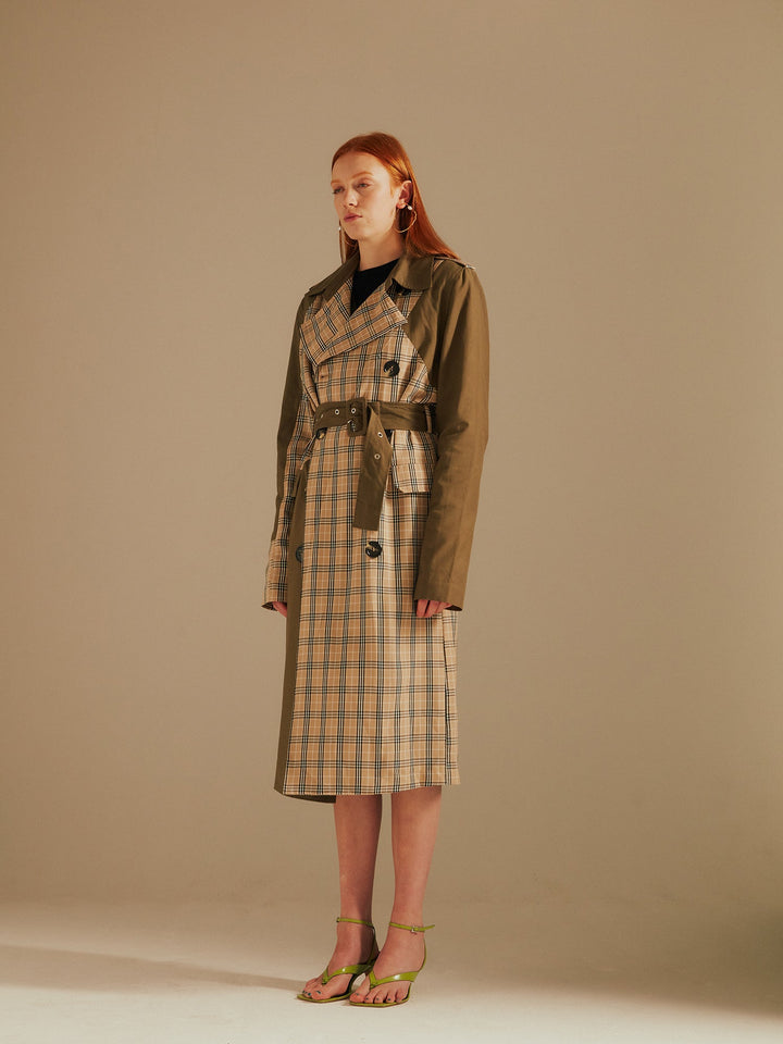 Khaki/Stone Chen Contrast Panelled Trench Coat