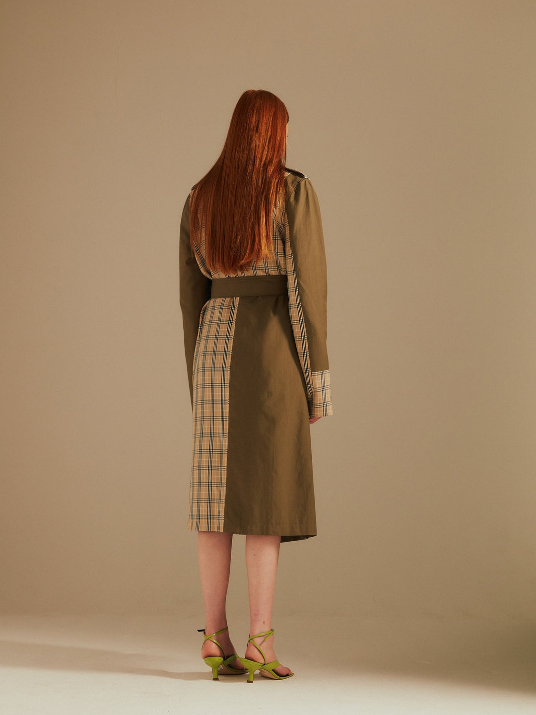 Khaki/Stone Chen Contrast Panelled Trench Coat