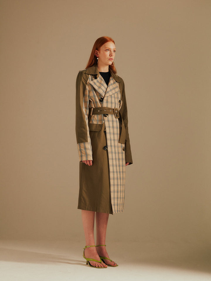 Khaki/Stone Chen Contrast Panelled Trench Coat