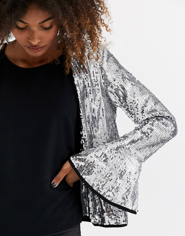 Silver Sequin Frill Kimono Blazer